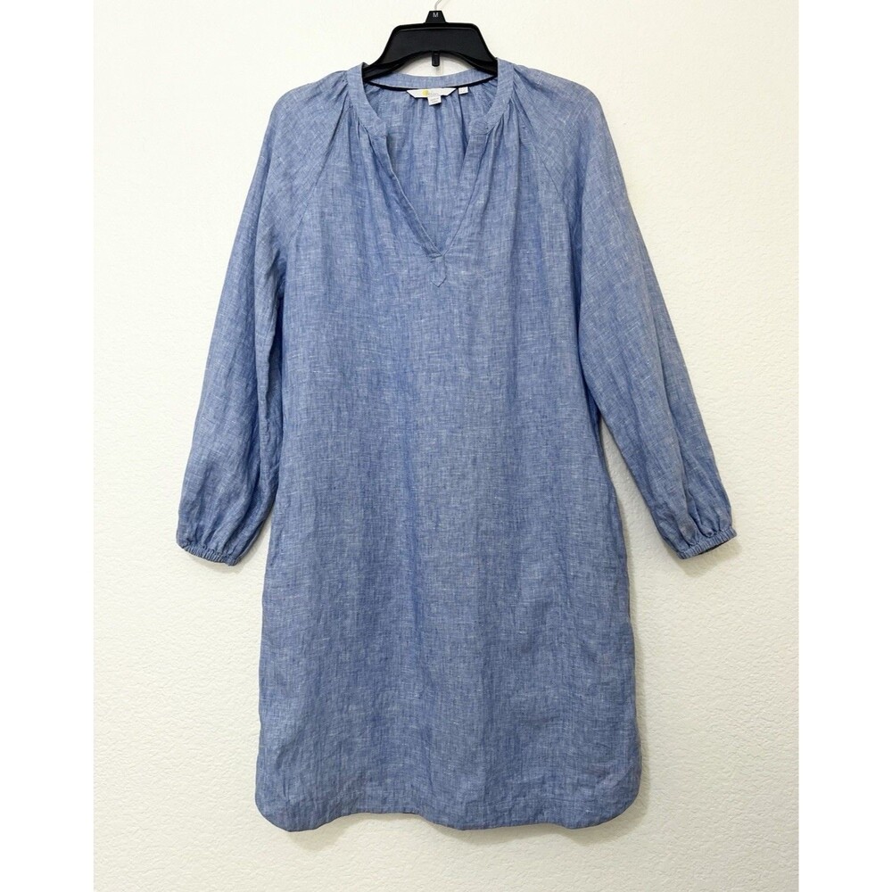 BODEN Light Blue Notch Neck Linen Chambray Mini Dress Preppy Beach Sz US 6 Long